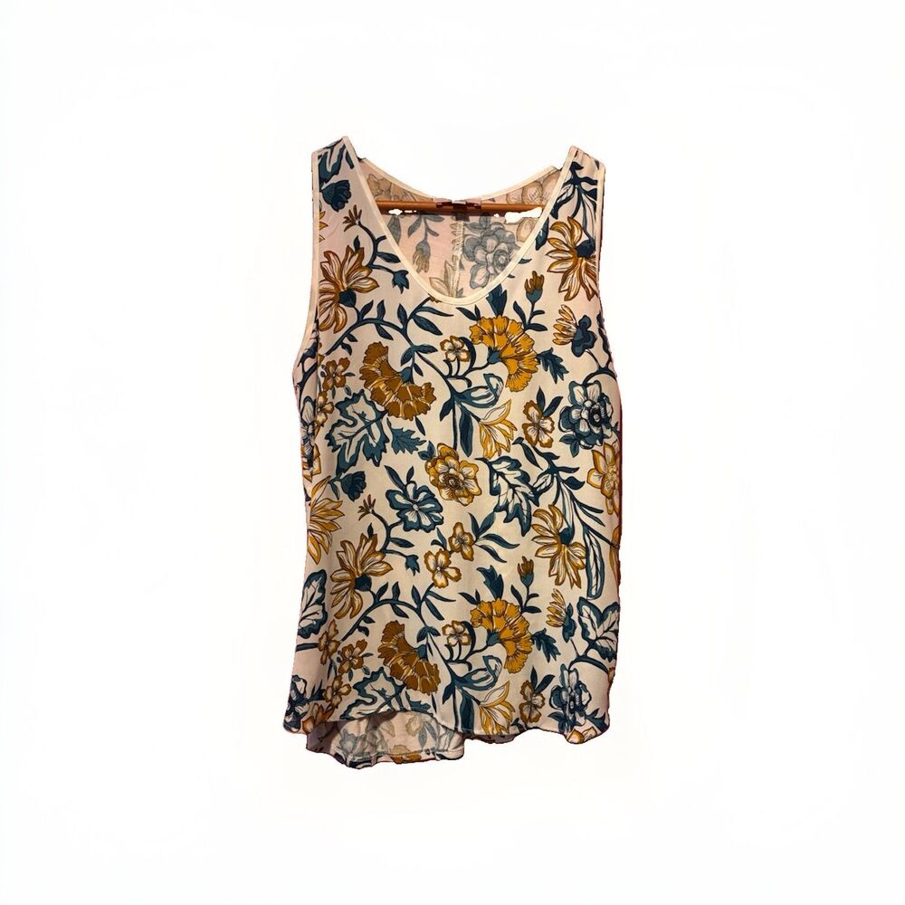 LOFT Womens Small Floral Blouse Sleeveless Cream Blue Mustard Flowy Tank Top